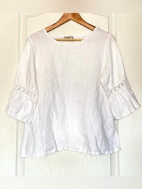 Terzo Millennio Italy White 100% Linen Lace Sleeve Boho Lagenlook Blouse Size M